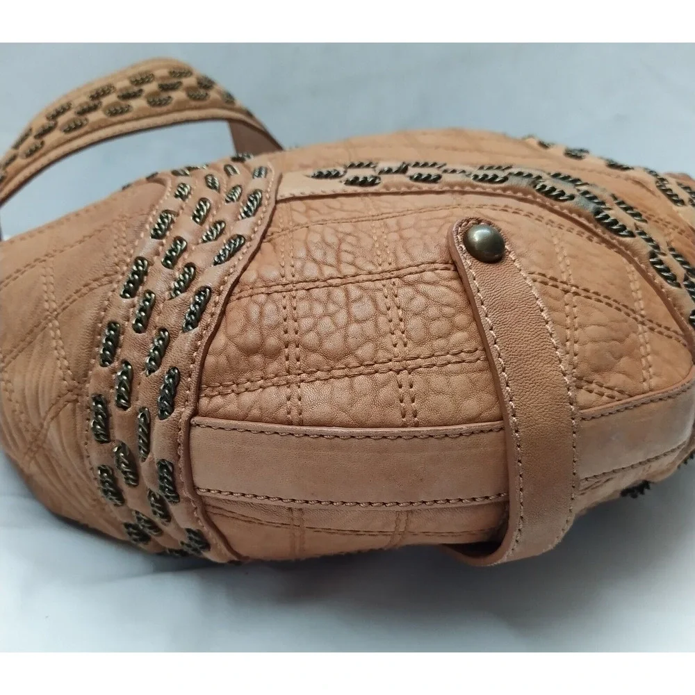 Isabella Fiore Tan Brown Learher Stitching Zipper Closure Hobo Shoulder Bag